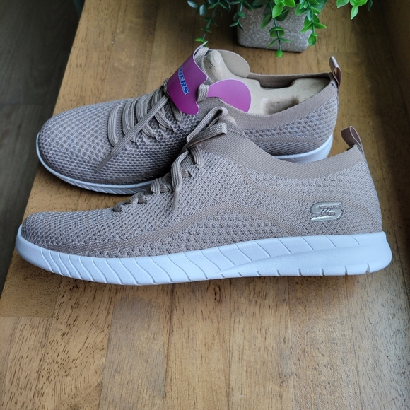 Skechers Faux Lace Stretch Knit Slip-On Sneakers | Outplay | Taupe | 9.5 - Picture 2 of 7